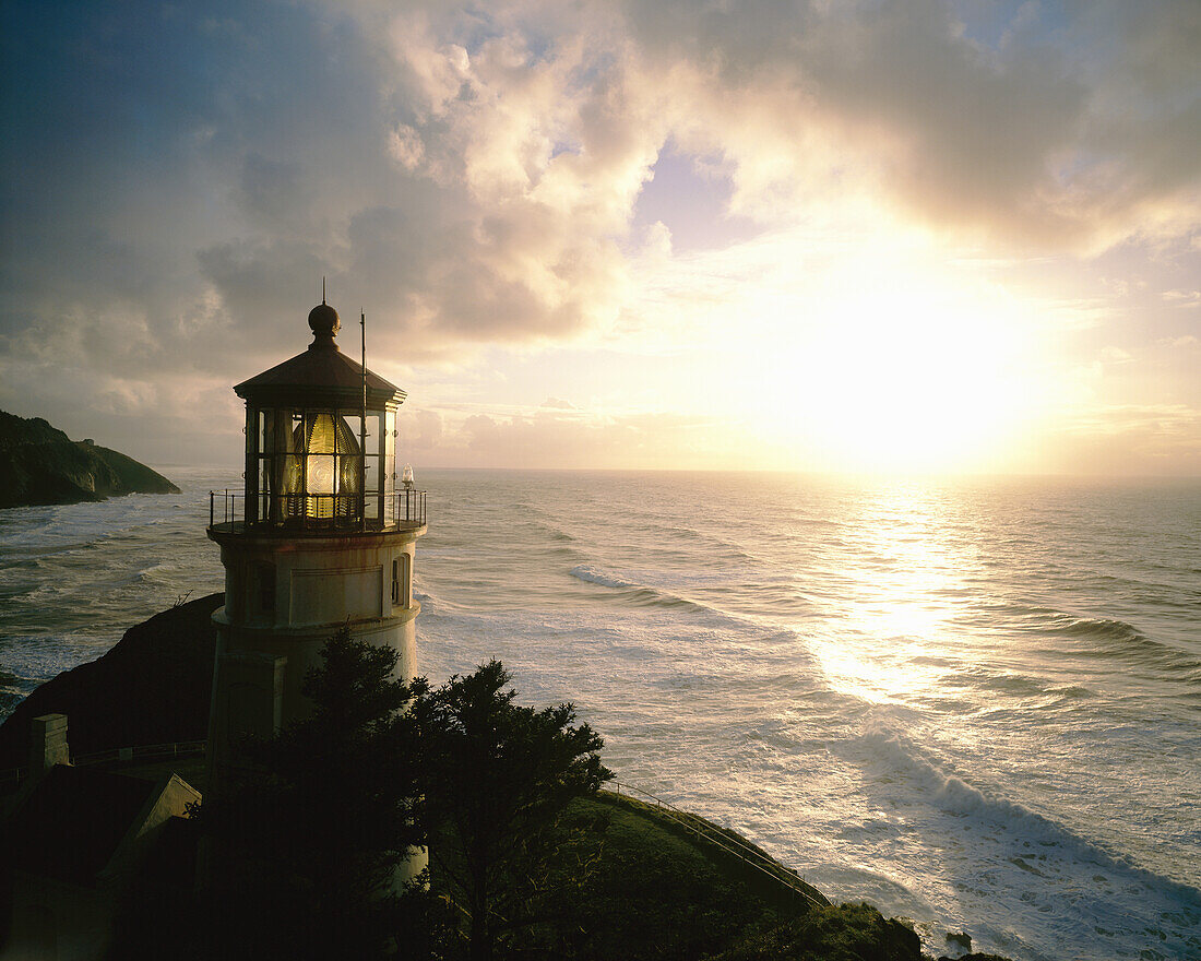 Heceta Head Light and a bright sunset on the Oregon coast,Oregon,United States of America