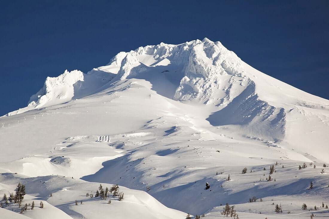 Schneebedeckter Mount Hood im Sonnenlicht und bei strahlend blauem Himmel, Pazifischer Nordwesten, Oregon, Vereinigte Staaten von Amerika