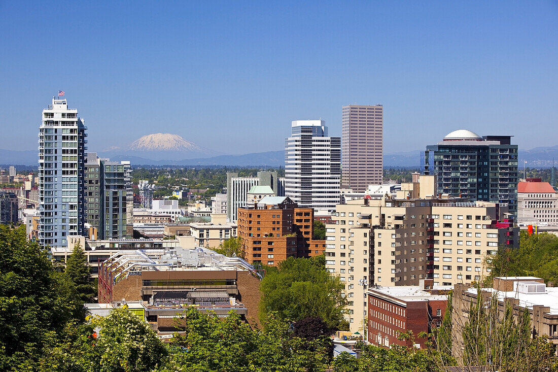 Cityscape of Portland with a view of Mount St. Helens in the distance,Portland,Oregon,United States of America