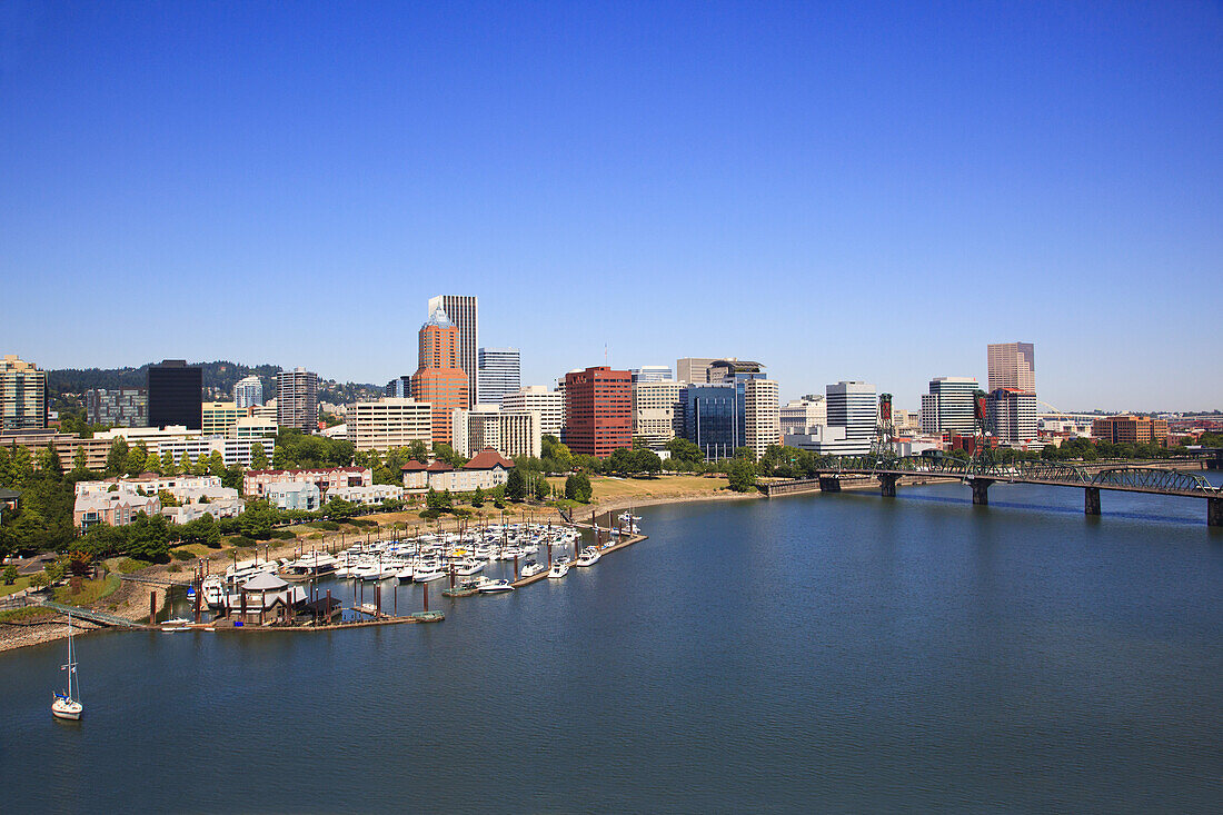 RiverPlace neighbourhood and harbour on the Willamette River,Portland,Oregon,United States of America