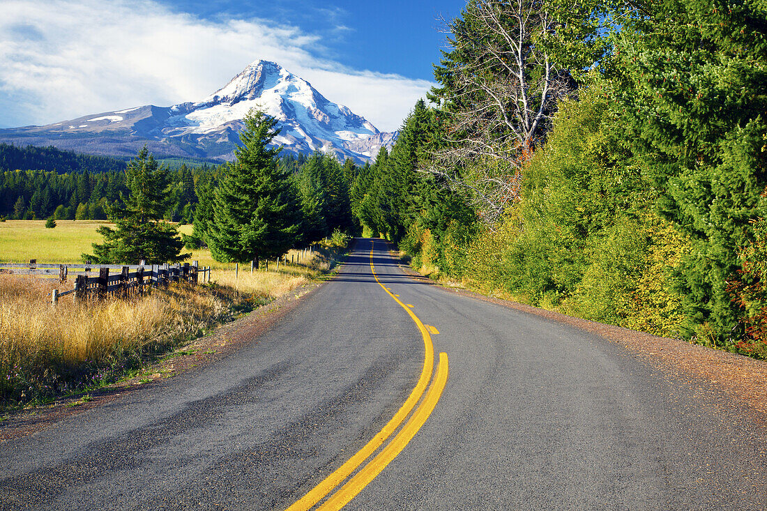 Eine Straße durch Hood River mit Blick auf den schneebedeckten Mount Hood im pazifischen Nordwesten, Hood River, Oregon, Vereinigte Staaten von Amerika