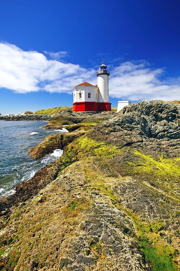 Coquille River Light on the Oregon coast with rugged rocky coastline,Bandon,Oregon,United States of America