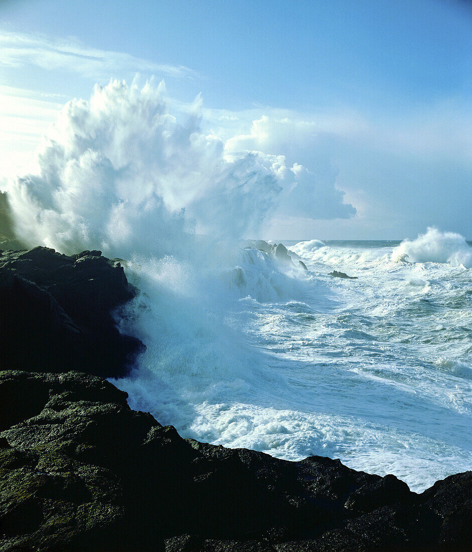 Mächtige Welle am Boiler Bay State Scenic Viewpoint, Depoe Bay, Oregon, Vereinigte Staaten von Amerika