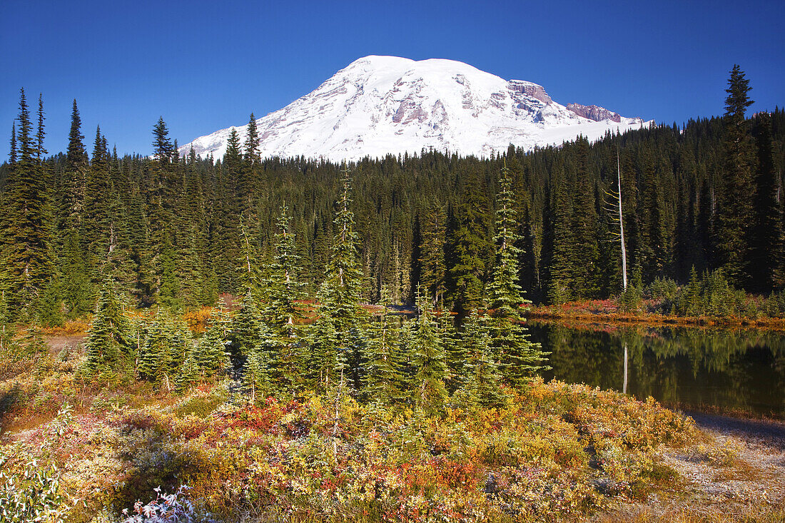 Alpine lake and snow-covered Mount Rainier,Mount Rainier National Park,Washington,United States of America