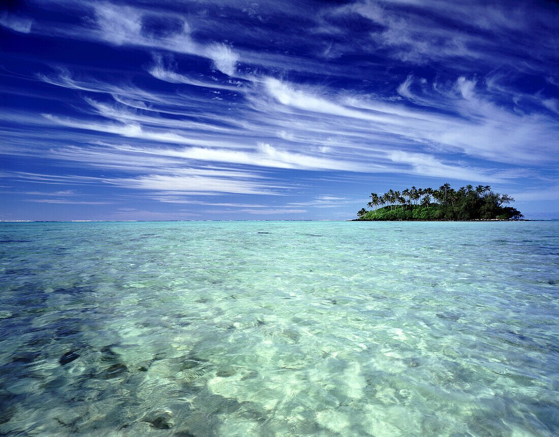 Kleine tropische Insel mit Palmen, umgeben von klarem, türkisfarbenem Wasser und einer Sandbank, Cook Islands