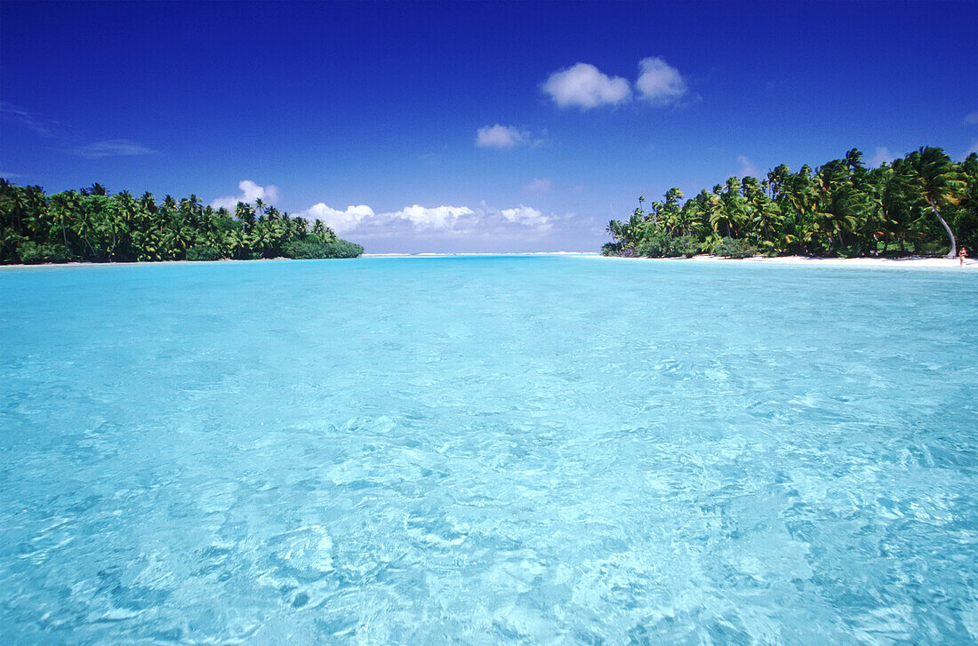 Bright turquoise ocean water and palm trees with white sand beaches on the islands,Cook Islands