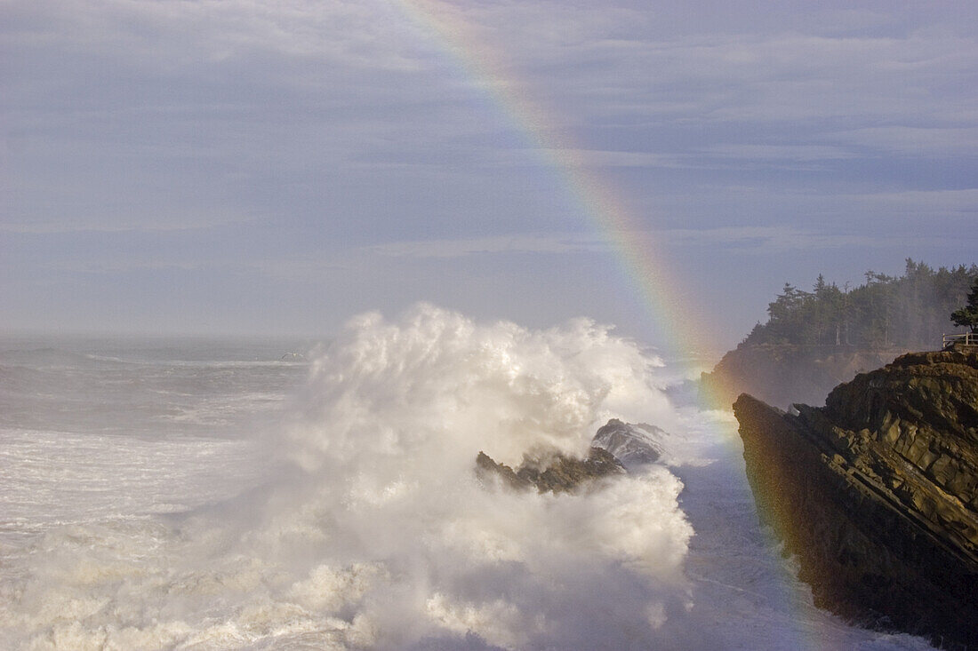 Ein Regenbogen nach einem Regensturm an der Küste von Oregon im Shore Acres State Park,Oregon,Vereinigte Staaten von Amerika