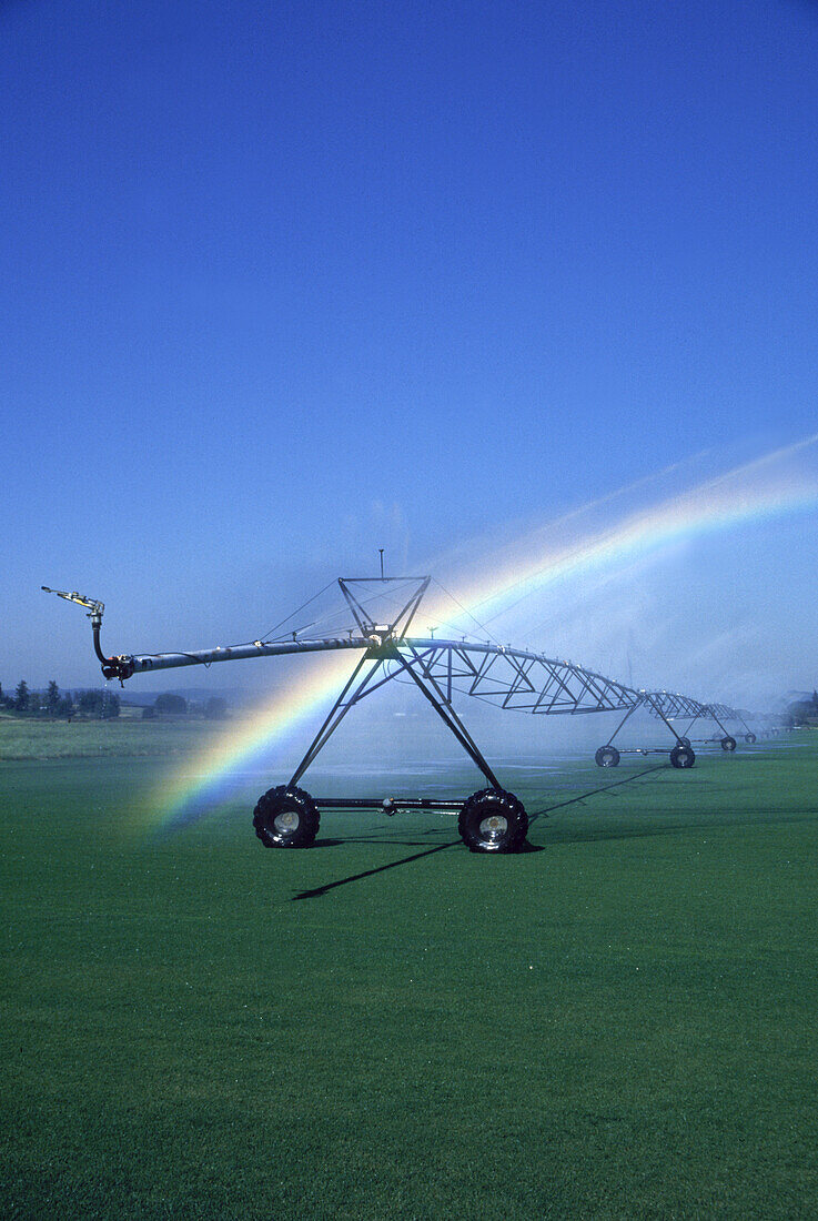 Rainbow shining through the mist from the spray of irrigation equipment on farmland in the Willamette Valley,Oregon,USA