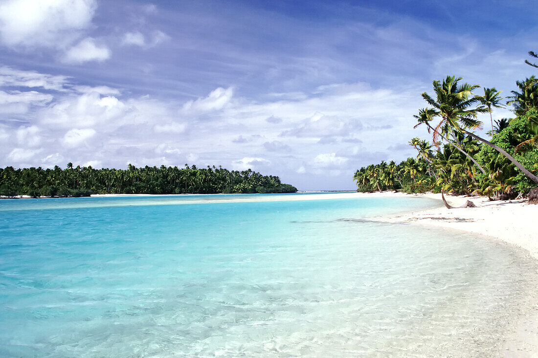 Palmen säumen das Ufer einer Insel mit klarem, türkisfarbenem Wasser und strahlend blauem Himmel,Cookinseln