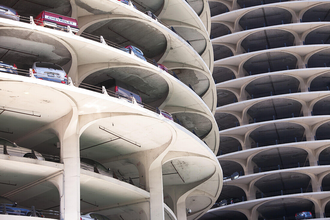The exposed spiral parking ramps of the Marina City towers.,Chicago,Illinois