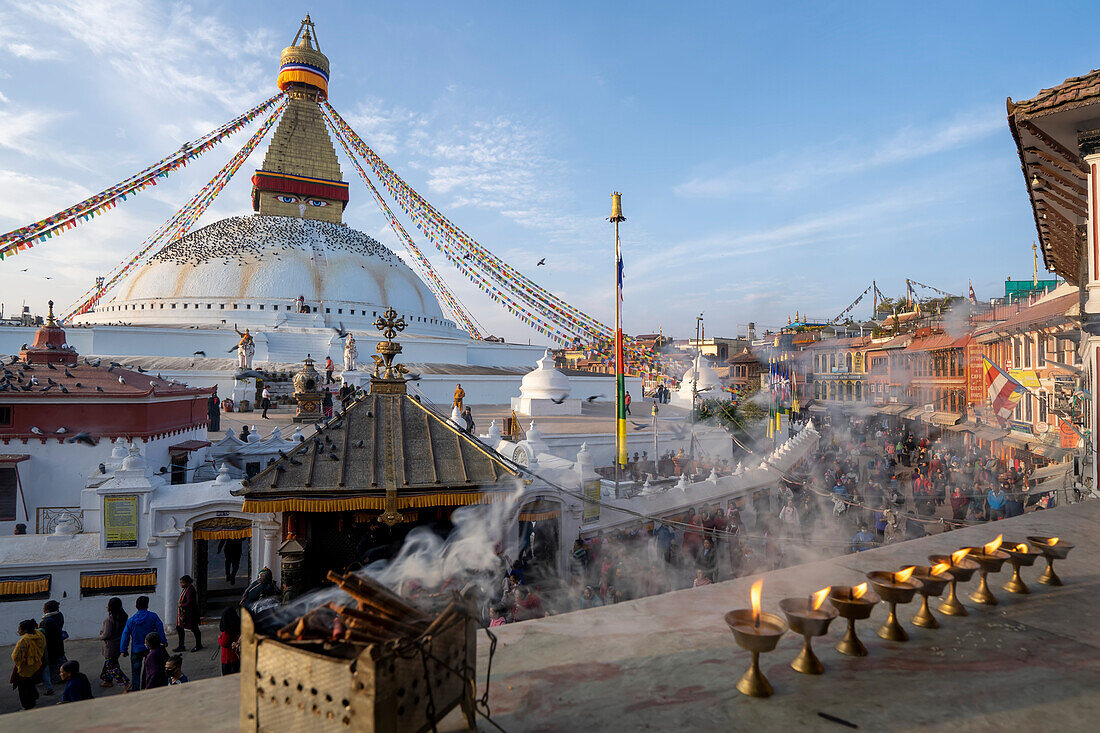 The largest Tibetan Buddhist stupa in Nepal seen from the monastery at Boudhanath Stupa of Kathmandu,Nepal,Kathmandu,Kathmandu,Nepal