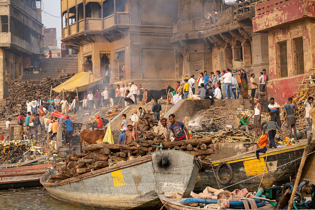 Manikarnika cremation ghat on the bank of the Ganges River,Varanasi,Uttar Pradesh,India