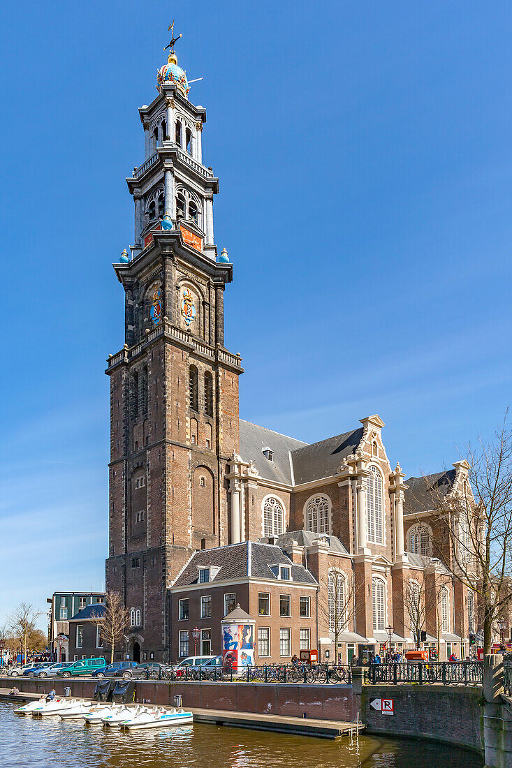 The Westerkerk and a canal in Amsterdam,Amsterdam,North Holland,Netherlands