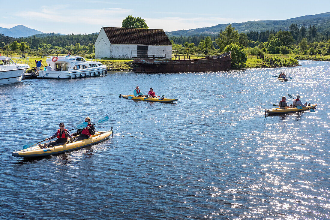 Mehrere Paare fahren Kajak auf dem Caledonian Canal in der Nähe von Fort Augustus, Schottland, Fort Augustus, Schottland