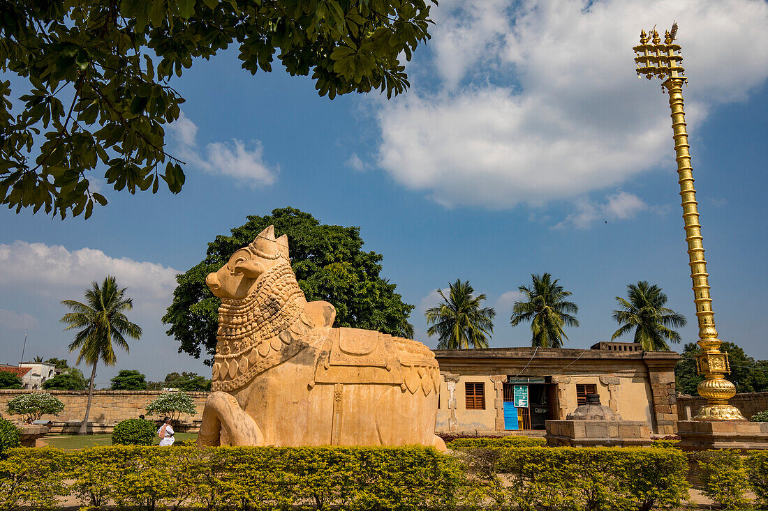 Gangaikonda Cholapuram,Chola era Dravadian style Temple,with Nandi bull statue and flagstaff,Tamil Nadu,India