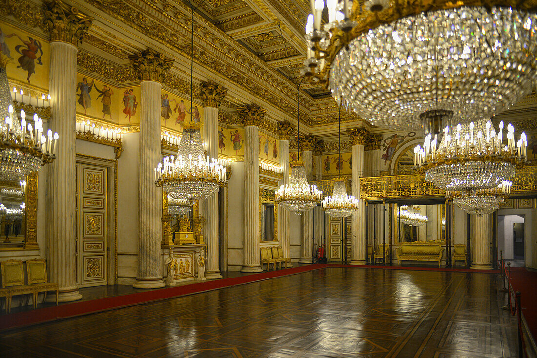 Ballroom at the Royal Palace in Turin,Italy,with ornate chandeliers and artwork,Turin,Piedmont,Italy