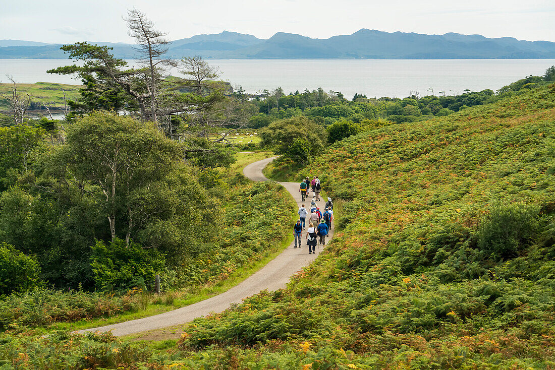 Tourists walk along a winding path on the Isle of Eigg,Scotland,Isle of Eigg,Scotland