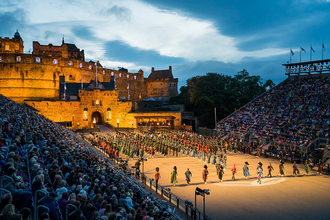 Bagpipers and a marching band perform at the Military Tattoo in Edinburgh Castle in Edinburgh,Scotland,Edinburgh,Scotland