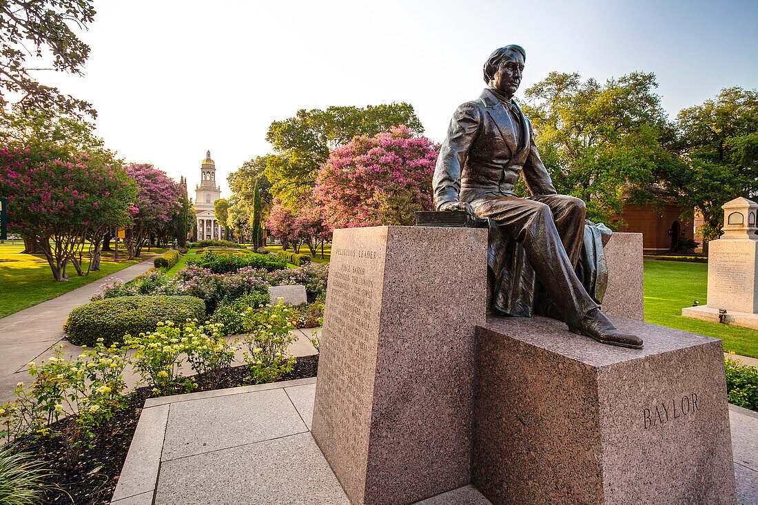 Statue des Richters Baylor auf dem Campus der Baylor University im Bundesstaat Texas, USA, Waco, Texas, Vereinigte Staaten von Amerika