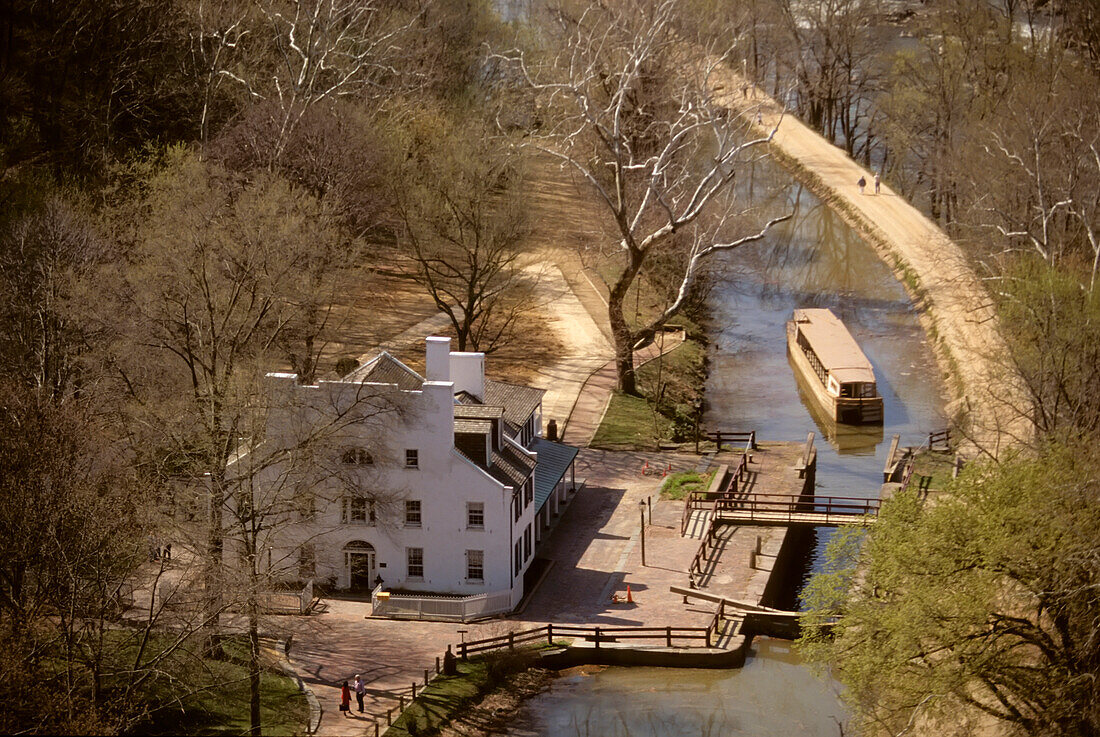 An aerial view of the C&O Canal towpath and Great Falls Tavern.,Great Falls State Park,Potomac River,Maryland.