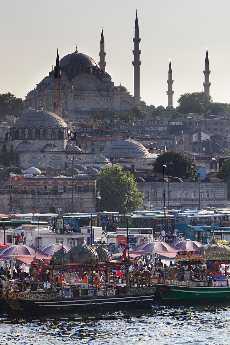 Blick auf die Sulumaniye-Moschee, mit der Rustem-Pasa-Moschee im Vordergrund, von der Galata-Brücke aus gesehen, Istanbul, Türkei, Istanbul, Türkei