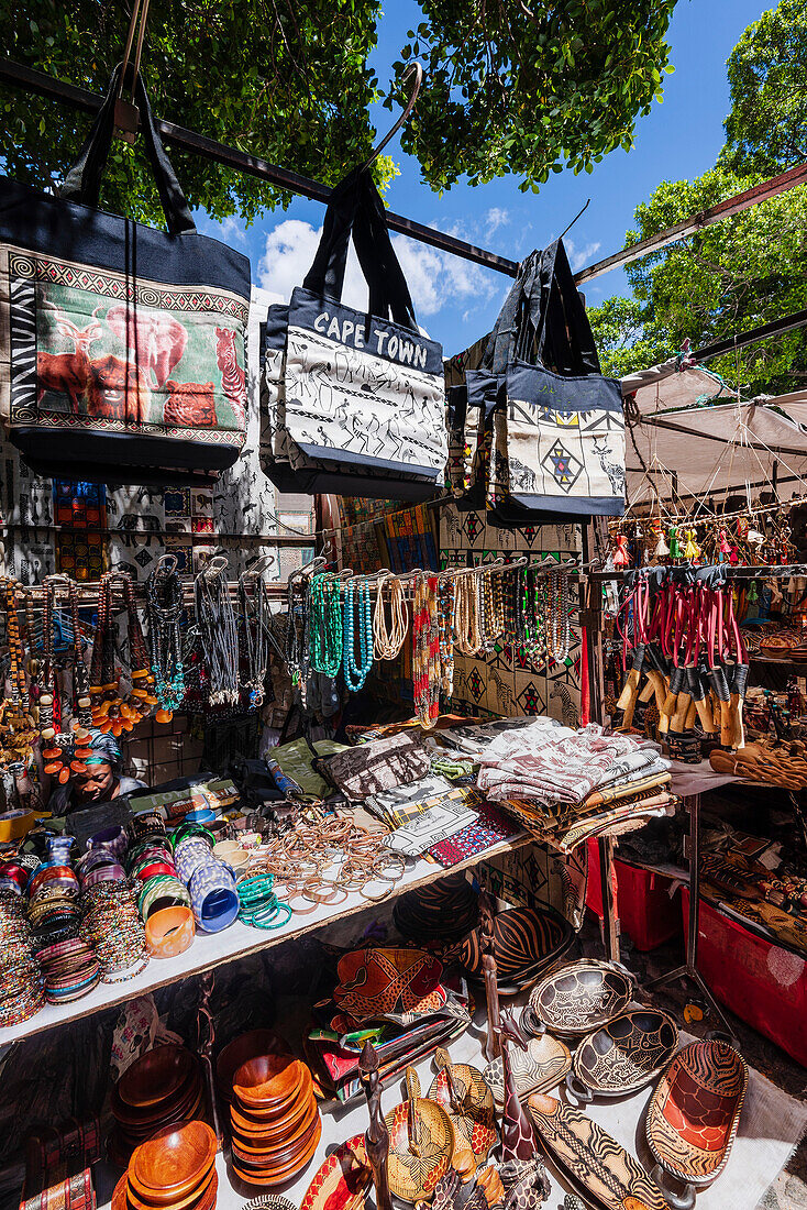 Cultural souvenirs on display in the market stalls in Greenmarket Square in Cape Town,Cape Town,South Africa