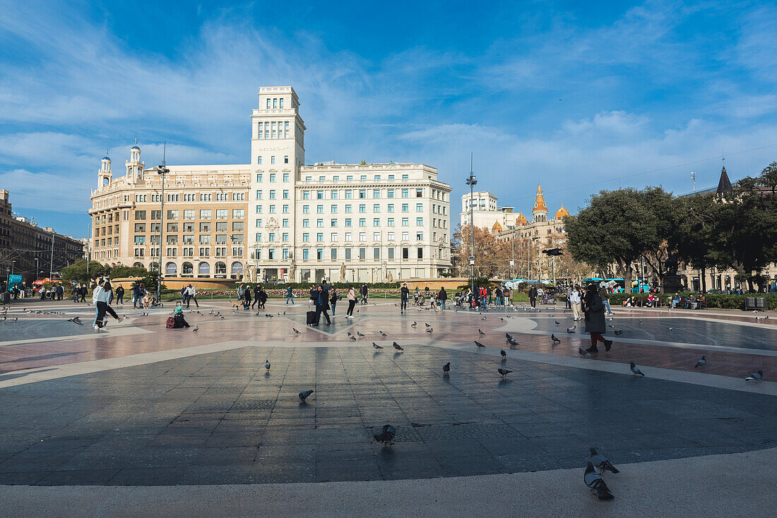 Pigeons (Columba livia domestica) and pedestrians in Placa de Catalunya,Barcelona,Spain,Barcelona,Spain