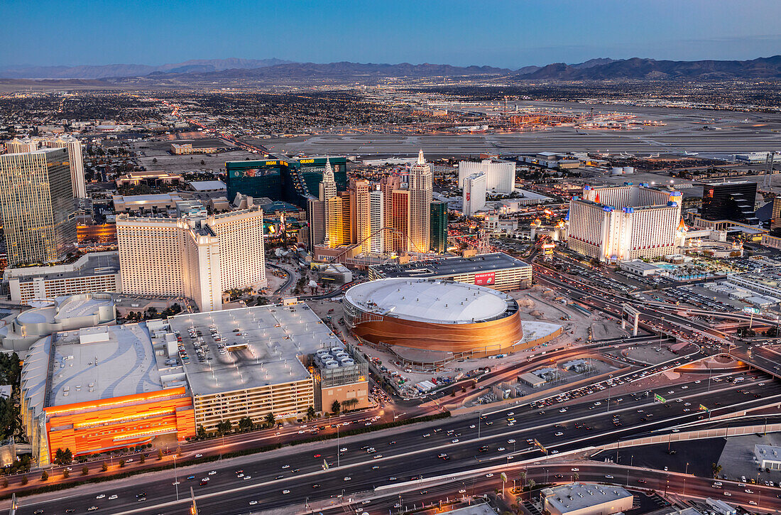 Aerial view of landmark buildings in Las Vegas,Nevada,USA,the sports arena,hotels and casinos,Las Vegas,Nevada,United States of America