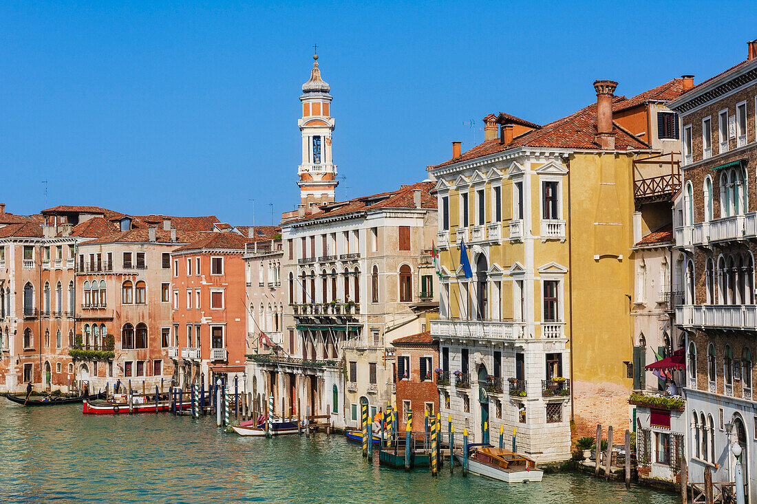 Grand Canal with colourful buildings and a lone tower in the skyline,Venice,Veneto,Italy