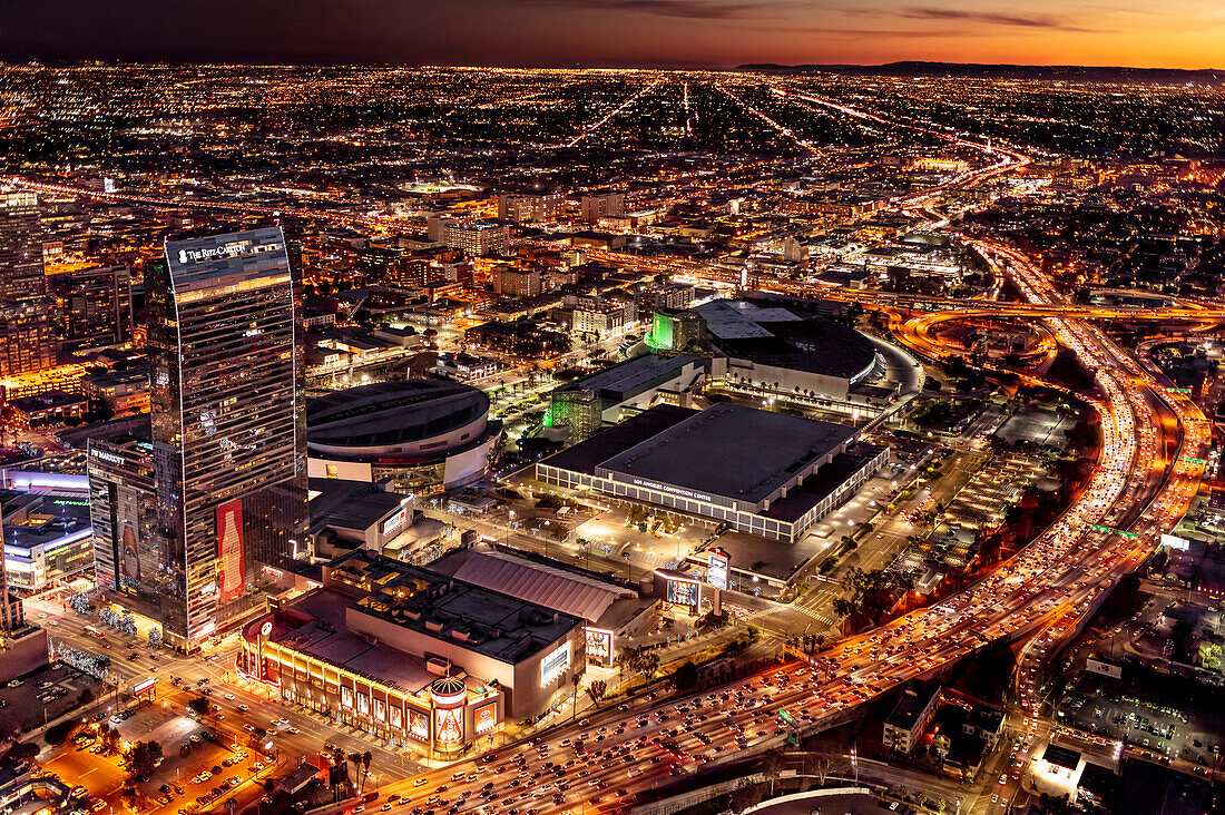 Evening aerial view of a hotel and Convention Center in the city of Los Angeles,Los Angeles,California,United States of America