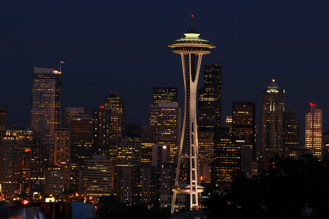 View of the Space Needle and Seattle's skyline at night.,Space Needle,Seattle,Washington.