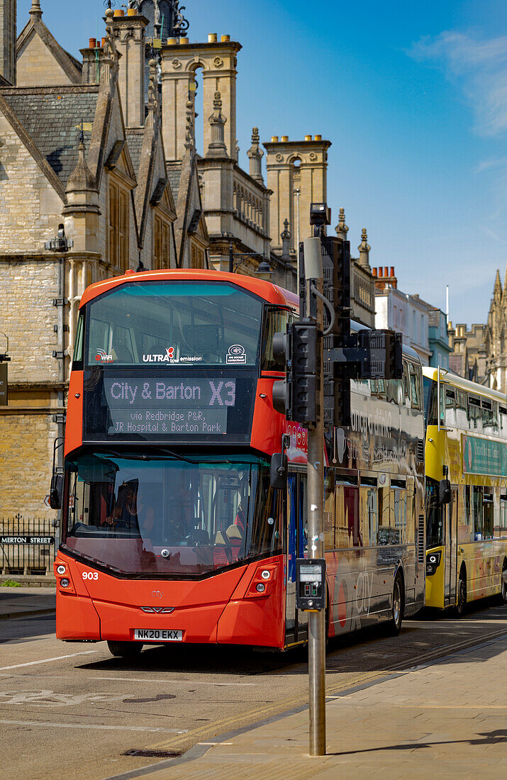 Double-decker buses on the go in Oxford,UK,Oxford,England