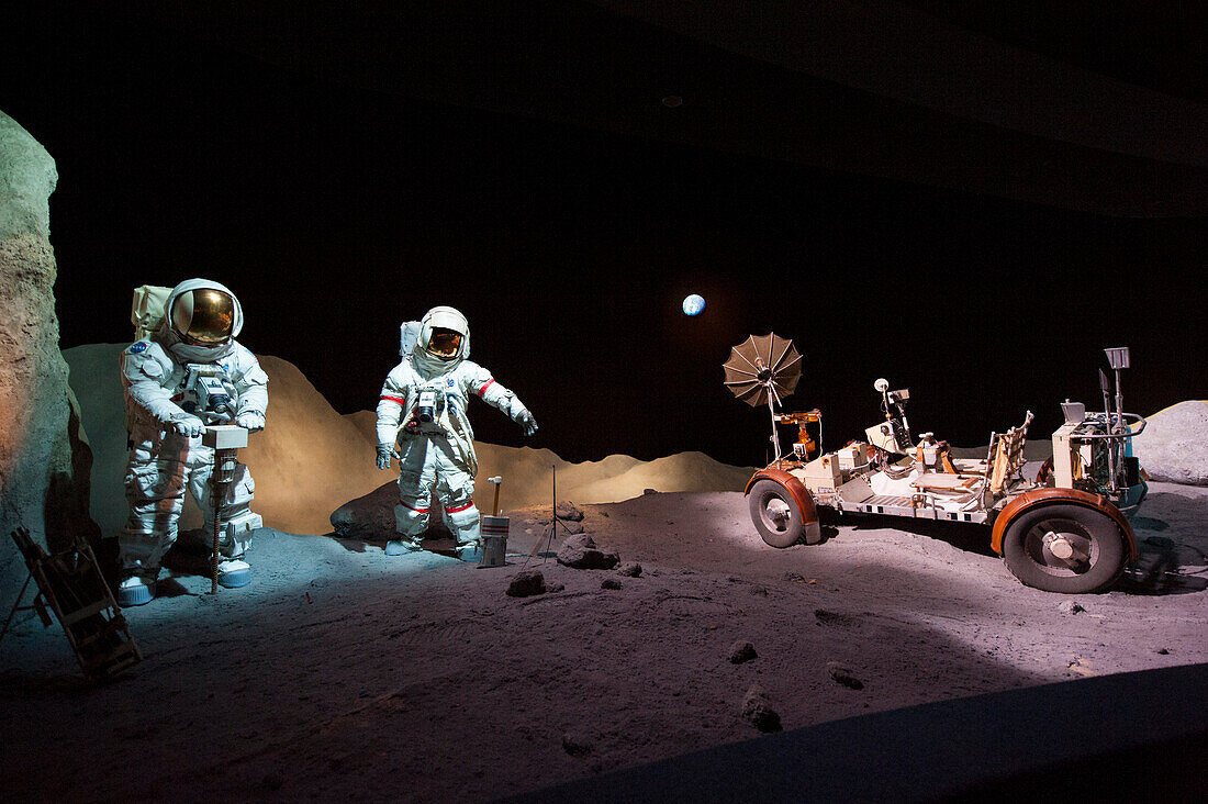 Exhibit of two astronauts and the Lunar Rover at the Johnson Space Center in Houston,Texas,USA,Webster,Texas,United States of America