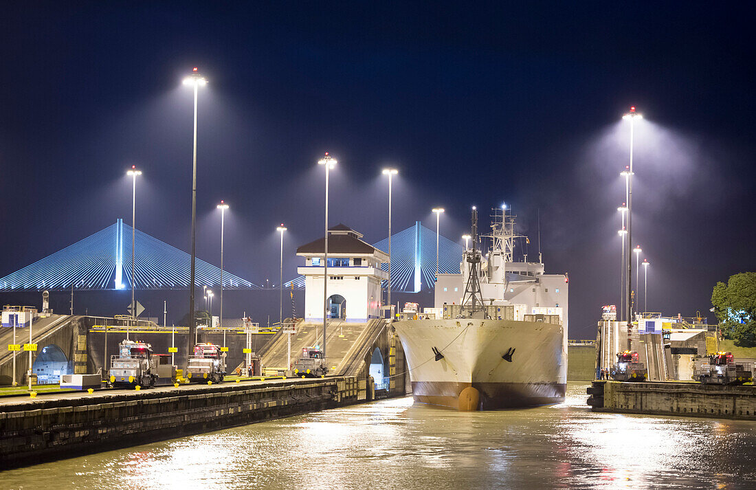 Ship passes through a lock in the Panama Canal,Panama