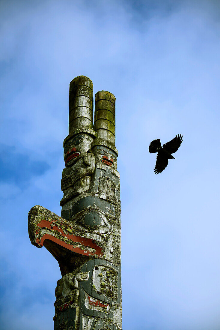 Top part of a totem pole with a crow flying in the background at Old Massett,a Haida community on Graham Island,Graham Island,Haida Gwaii,British Columbia,Canada
