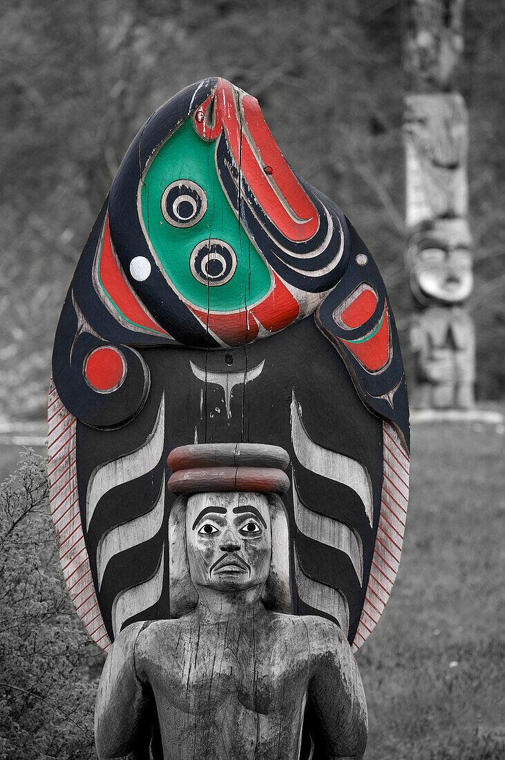 Totem pole at U'Mista Cultural Center of the Kwakwaka'wakw people,Alert Bay on Cormorant Island,Queen Charlotte Strait,BC,Canada,British Columbia,Canada