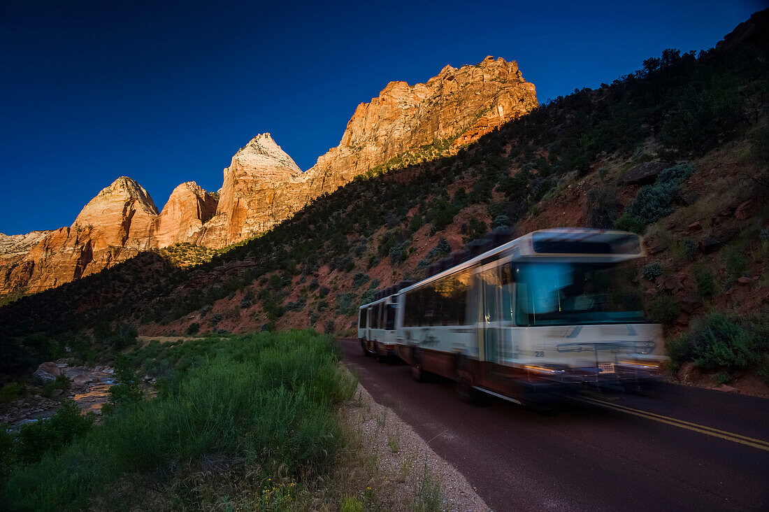 Clean,quiet,propane-driven buses carry visitors through Zion Canyon in Zion National Park,Utah,USA,Utah,United States of America