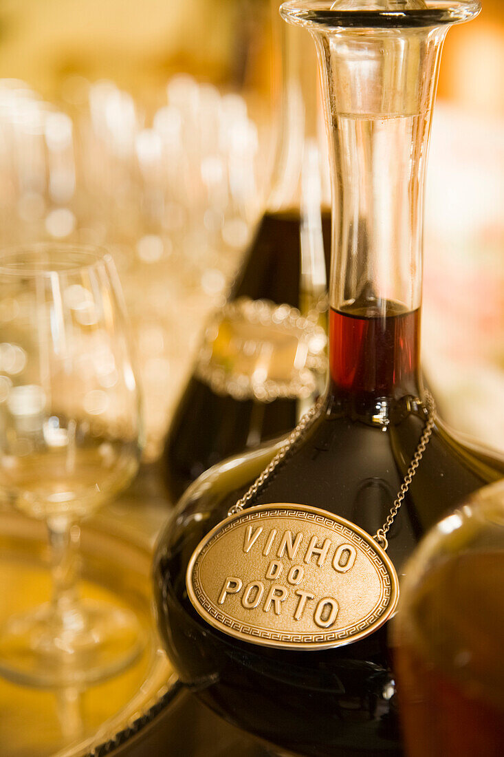 Two decanters of port wine and glasses,Douro River Valley,Portugal