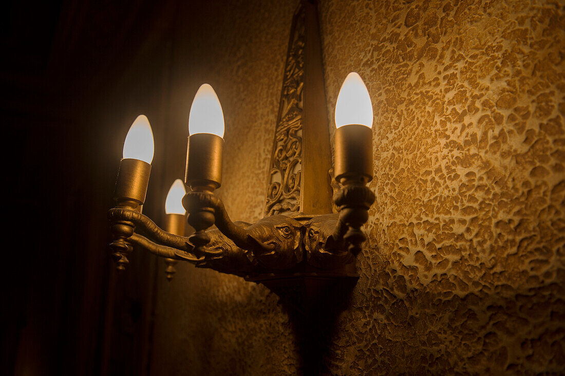 Close-up of a light fixture illuminated on a textured wall in the Auckland Civic Theatre in downtown Auckland,New Zealand,Auckland,New Zealand