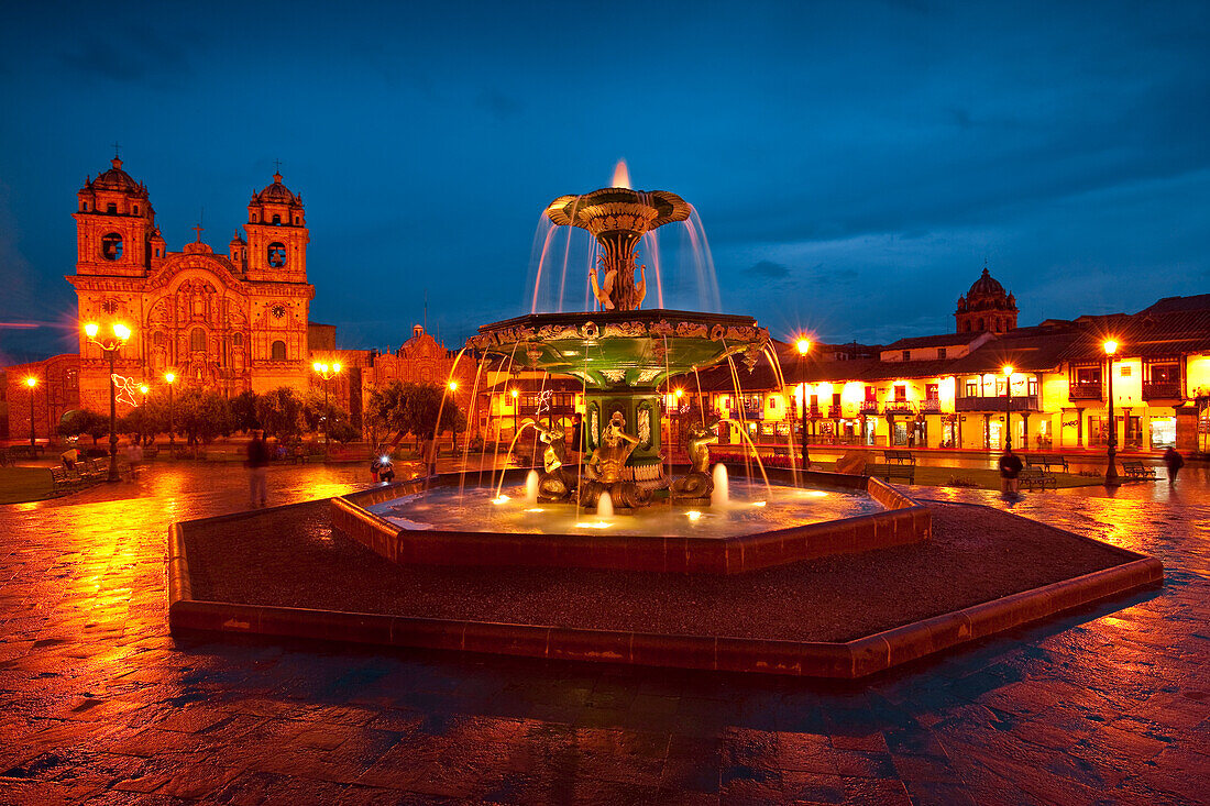 Beautiful fountain in a Peruvian square at night,Plaza de Armas,Cuzco,Peru,Cuzco,Peru