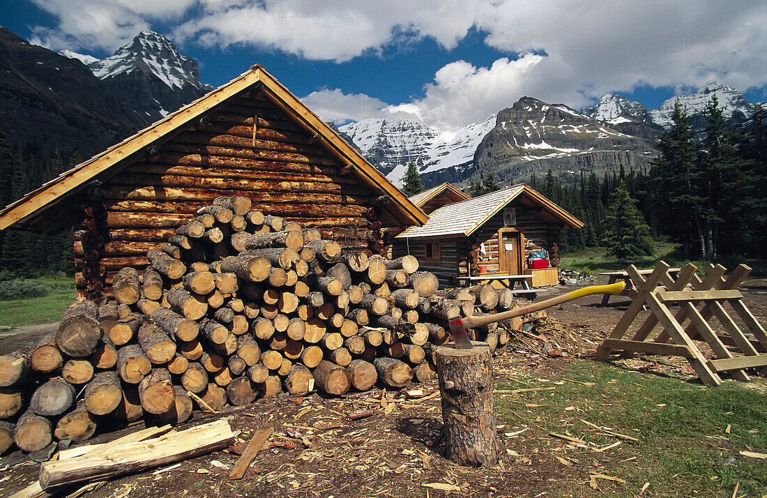 Chopped wood stacked outside a log cabin in Yoho National Park,BC,Canada,British Columbia,Canada