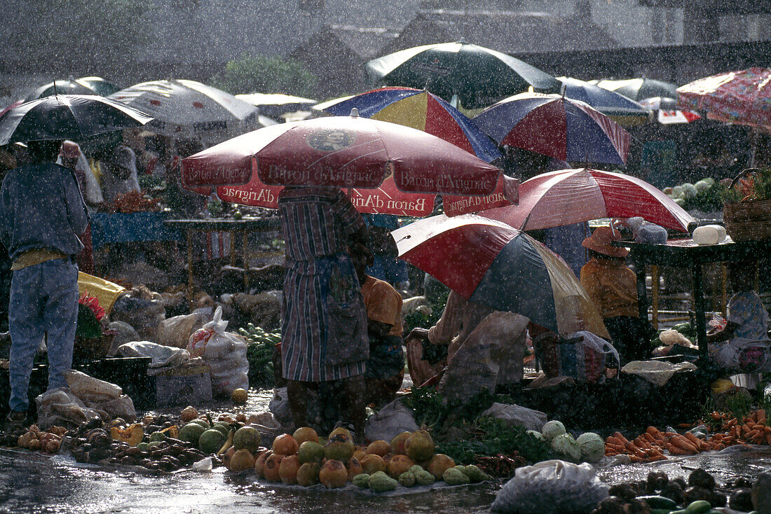 Shoppers in an open air market in a heavy rainfall,Commonwealth of Dominica
