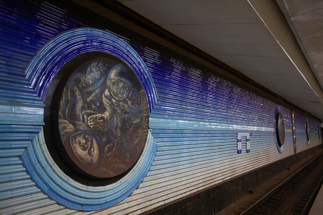 Image of the Apollo-Soyuz Mission on the decorated walls of Kosmonavtlar Station for the Tashkent Metro in Uzbekistan,Tashkent,Uzbekistan