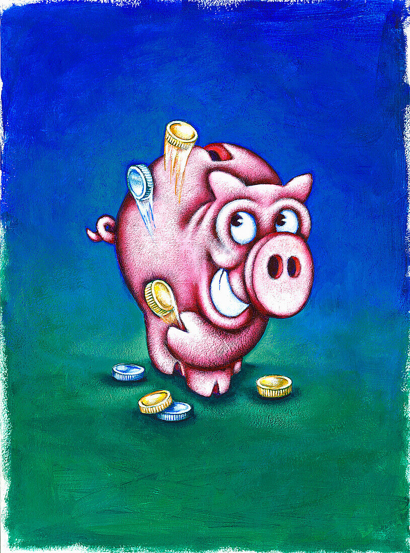 Lächelndes Sparschwein, das Münzen in die Luft wirft