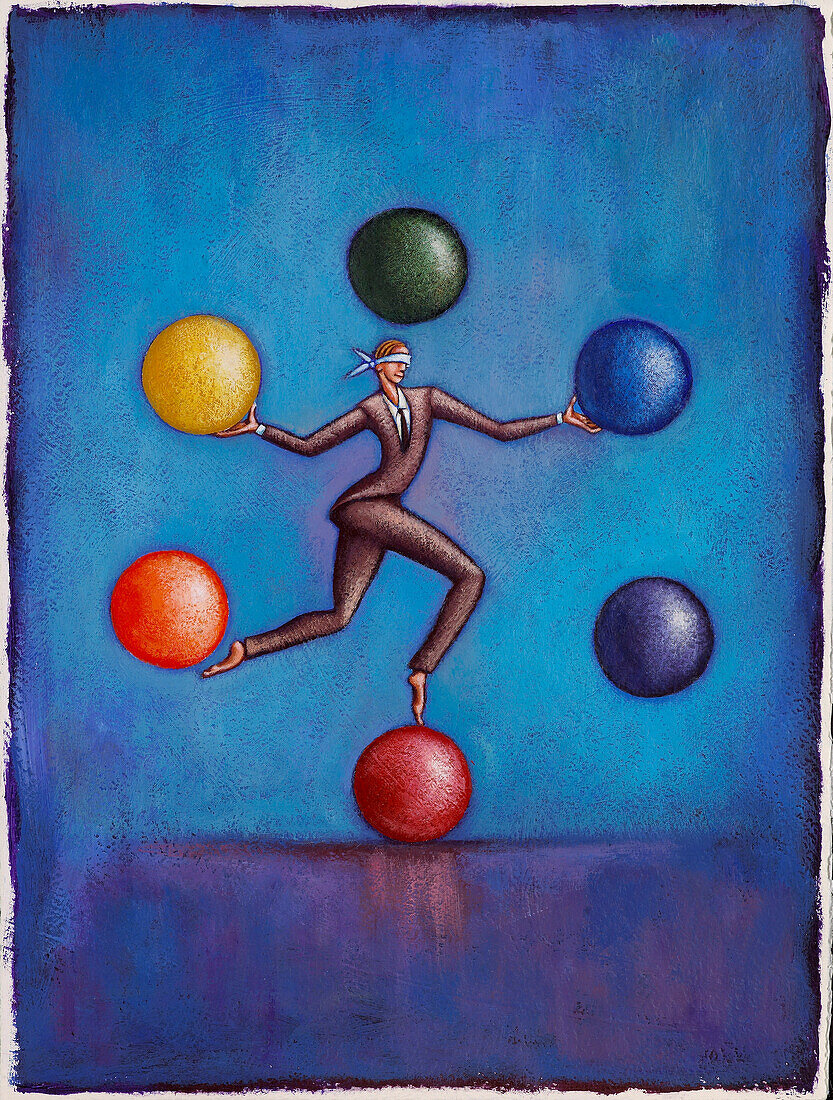 Illustration eines Geschäftsmannes, der mit verbundenen Augen Bälle balanciert und jongliert