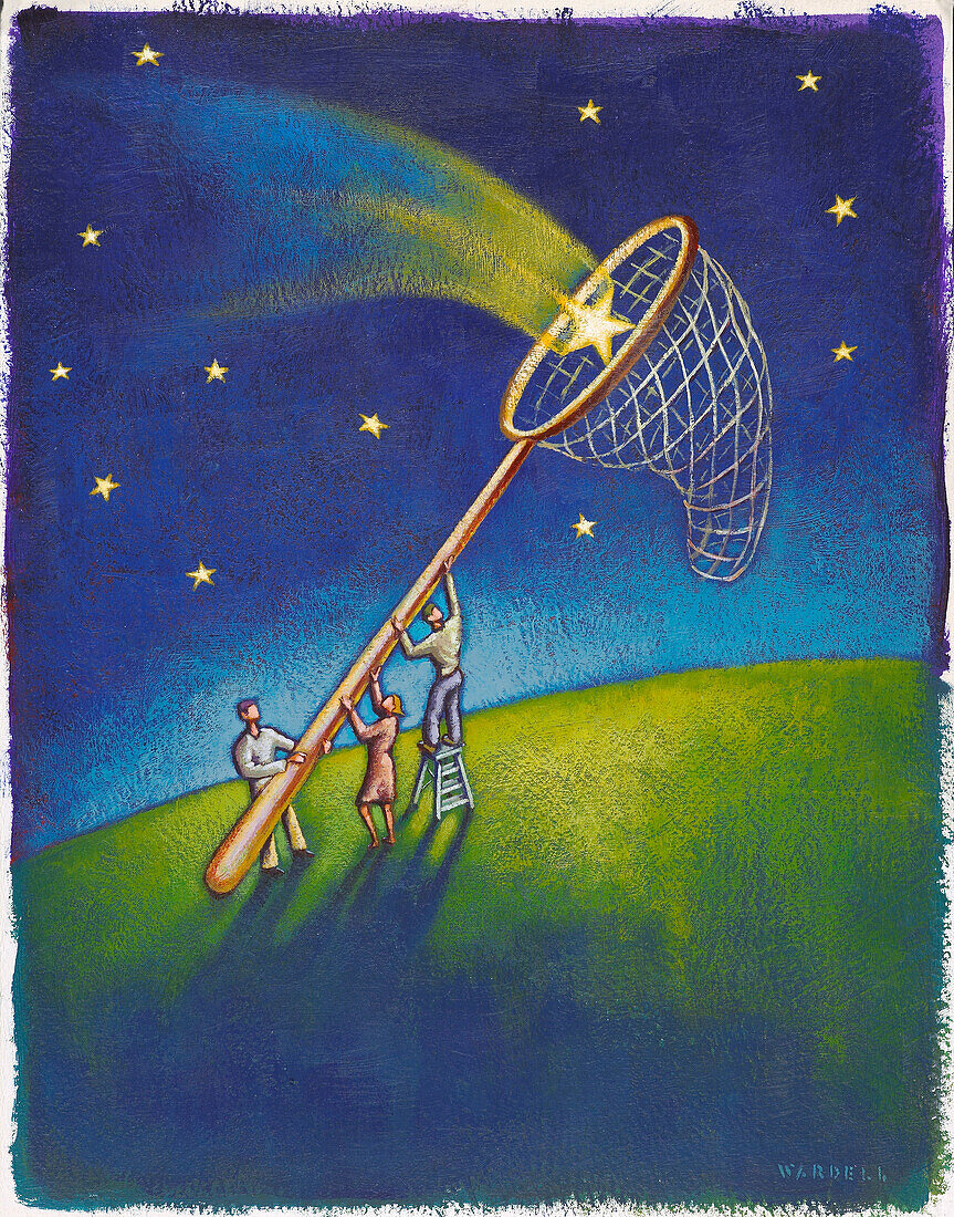 Illustration of People Catching Stars in Net