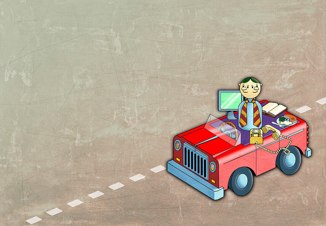Illustration of Man Multitasking While Driving a Car