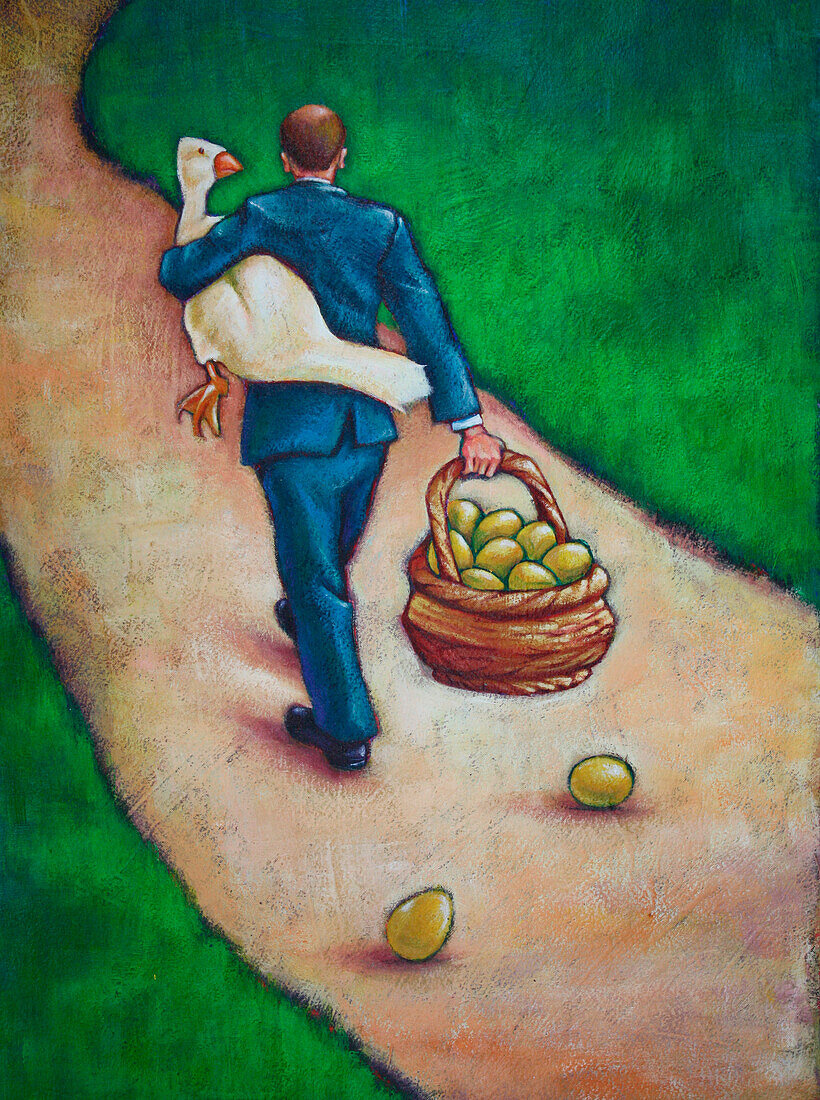 Illustration of Back View of Businessman Walking on Path,holding a Goose and carrying a Basket of Golden Eggs