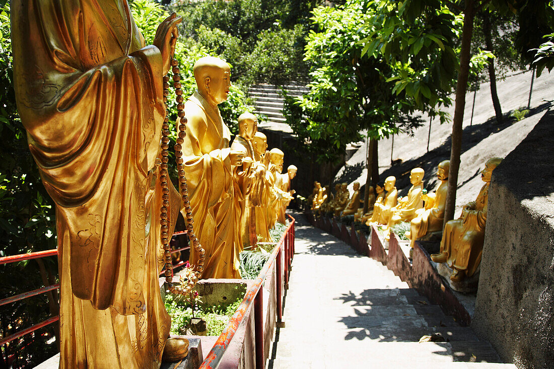 Von goldenen Buddha-Statuen gesäumter Weg zum Kloster der Zehntausend Buddhas, Sha Tin, Neuterritorien, China