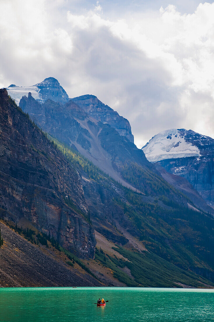 Canoeing on Lake Louise with Mount Aberdeen and Mount Lefroy in Background,Banff National Park,Alberta,Canada